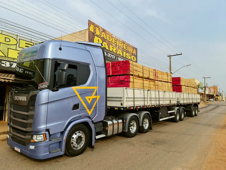 Carreta carregada de madeira em frente à loja