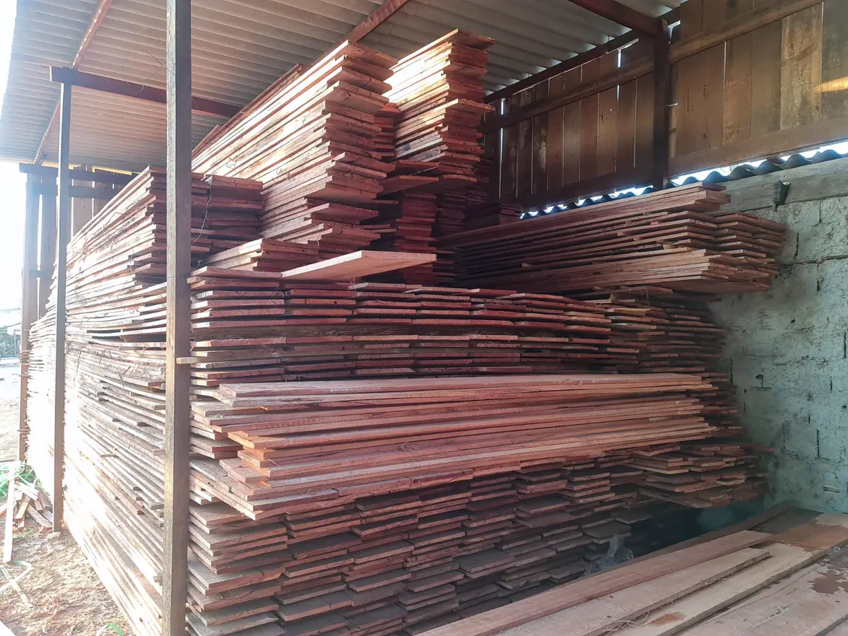 Tábuas empilhadas sob o galpão